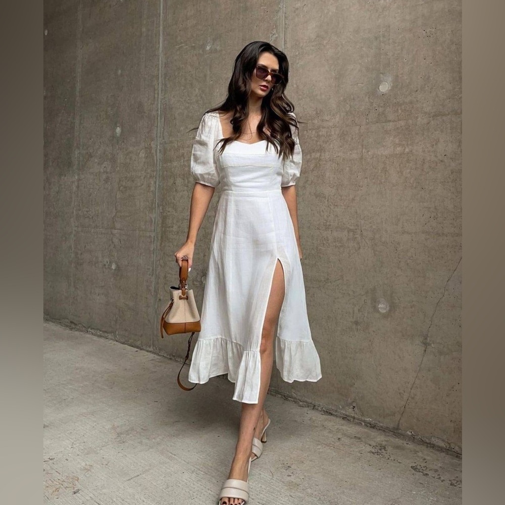 RIHOAS White Midi Dress with Puff Sleeves and Side Slit